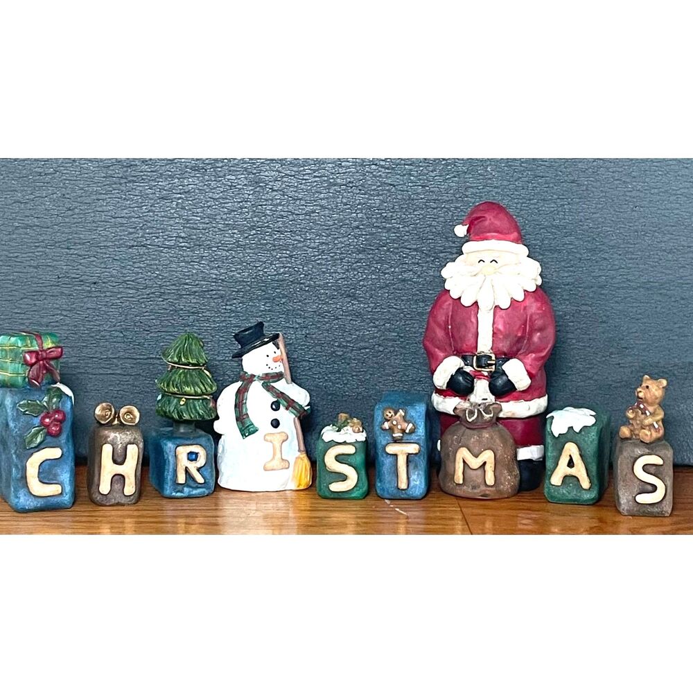 Vintage Christmas Resin Letter Block Figurine Set Santa Snowman Tree Bear